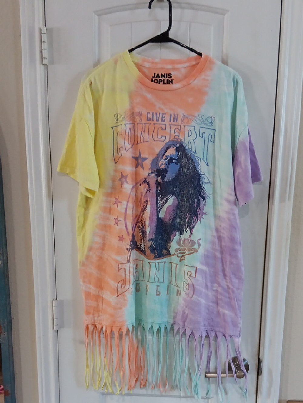 Janis Joplin Tie-Dye Fringe Short Sleeve Tee - Pastel Rainbow